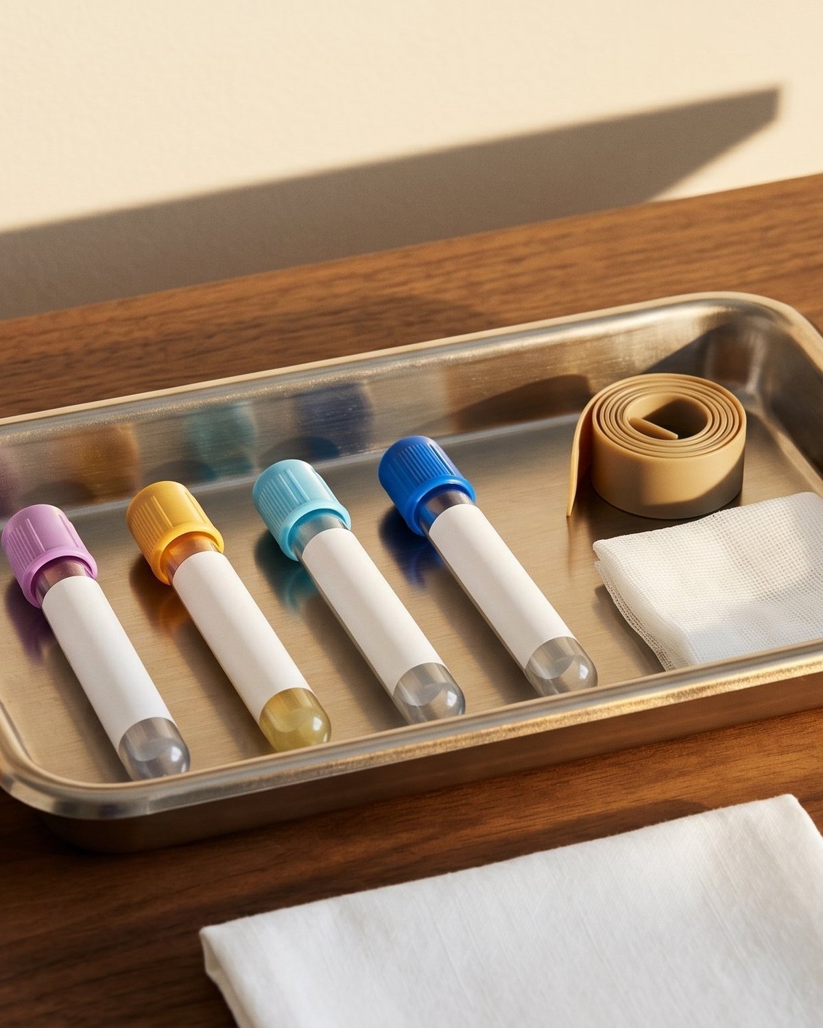 A full blood-test panel on a tray, ready for at-home collection