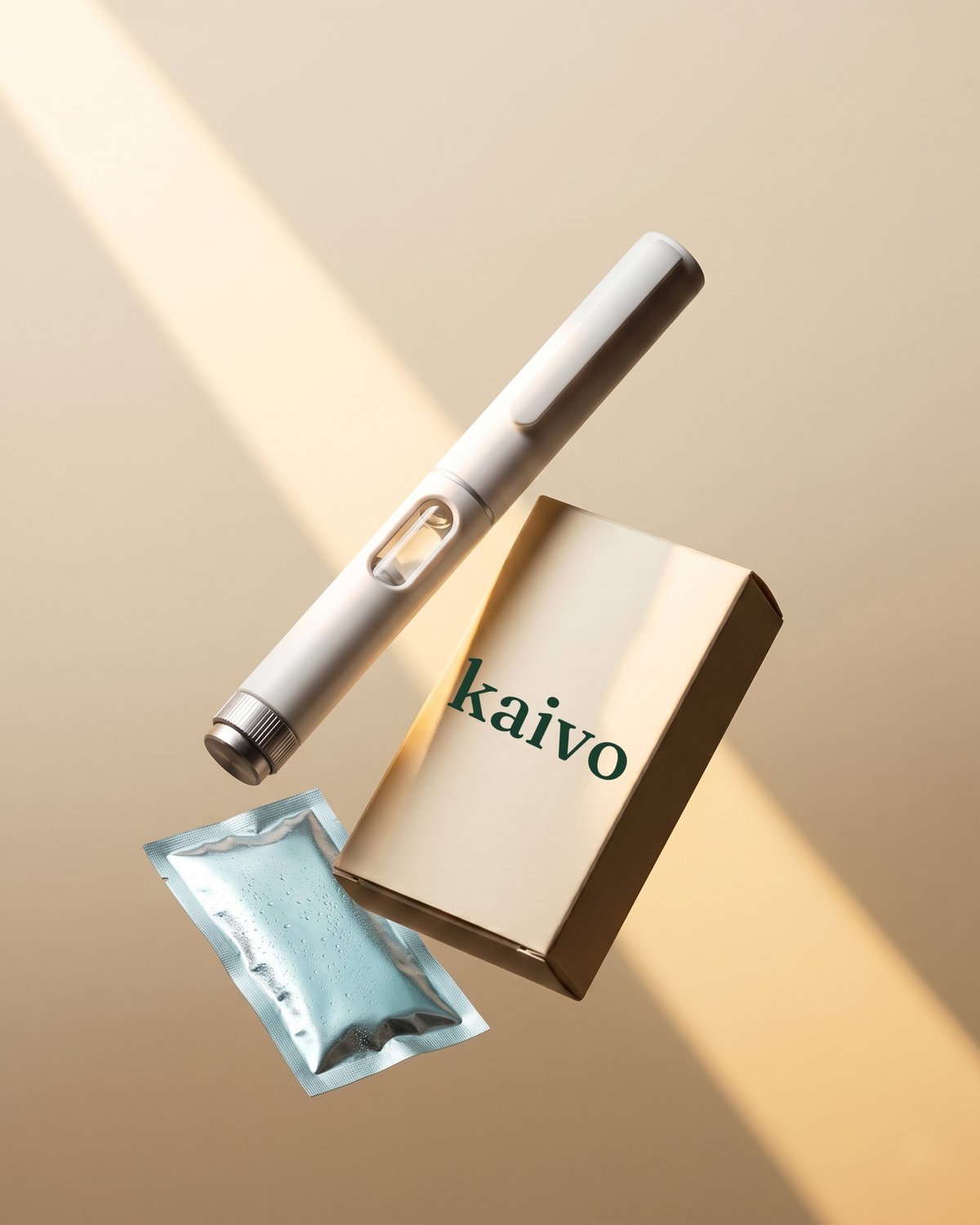 A Kaivo GLP-1 medication pen with its discreet packaging