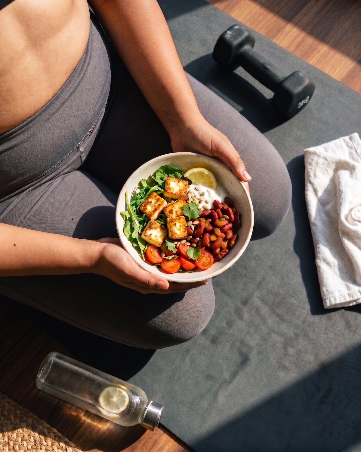 A patient with a balanced Indian meal alongside a yoga mat and dumbbell